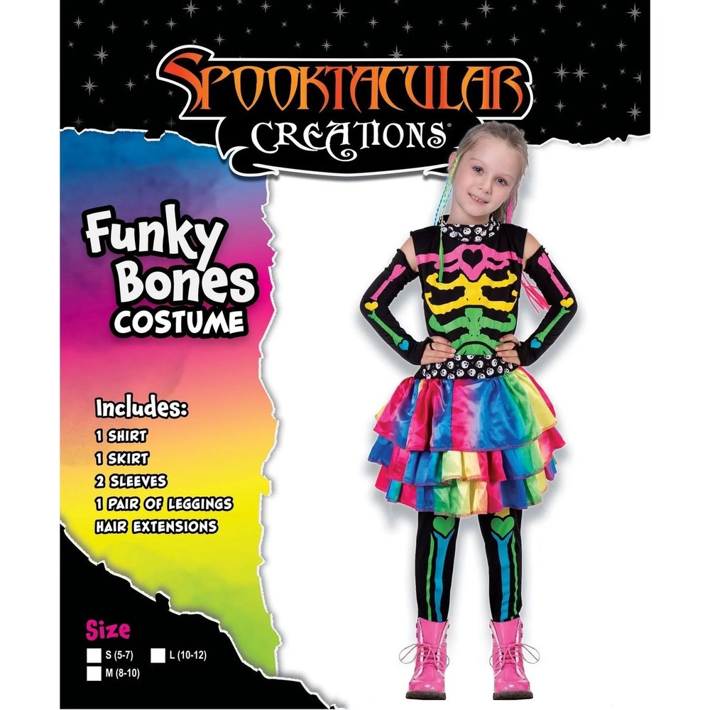 Spooktacular Creations Funky Bones Costume Kids Size S 5-7 Neon Skeleton B4